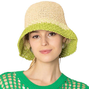 Green Two-Tone Straw Bucket Hat, Stay cool and stylish with the stylish summer hat. This quirky hat features a unique two-tone design that adds a touch of fun to any outfit. Keep the sun out of your eyes while adding a playful flair to your look. Perfect for a day at the beach or a casual outing.