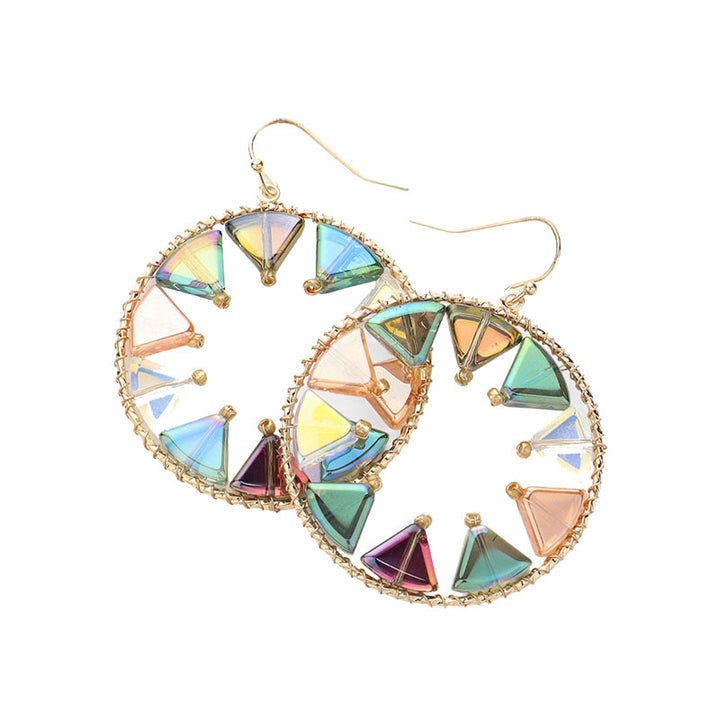 Green-Multi-Triangle Beads Embellished Open Circle Dangle Earrings, Perfect statement piece for any outfit. Made with high-quality materials and intricate design, they offer a unique and elegant touch to your look. The open circle dangle adds movement and style, while the triangle beads bring a touch of glamour.