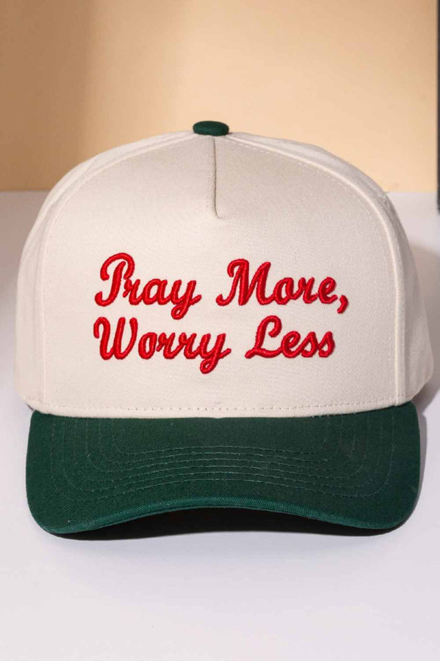Green Stay grounded with this classic two-tone trucker cap featuring an embroidered "PRAY MORE, WORRY LESS" message. Crafted from 100% cotton for breathability and comfort, it's designed to keep you cool whether you're on the road or relaxing at home. The adjustable snapback ensures a perfect fit for everyone, while the structured six-panel design offers timeless style. A meaningful reminder to embrace peace and let go of stress, one wear at a time.