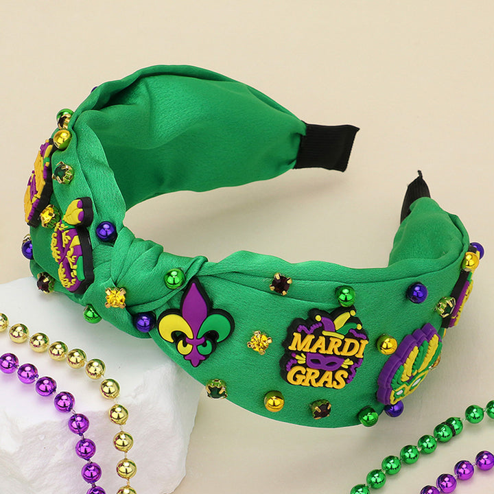 Polymer Clay Mardi Gras Charm Stone Cluster Embellished Knot Headband adds festive flair to your outfit. Made with polymer clay, it features a charming stone cluster embellishment that exudes elegance. Perfect for any Mardi Gras celebration, it’s a must-have accessory for a fun and stylish look. 