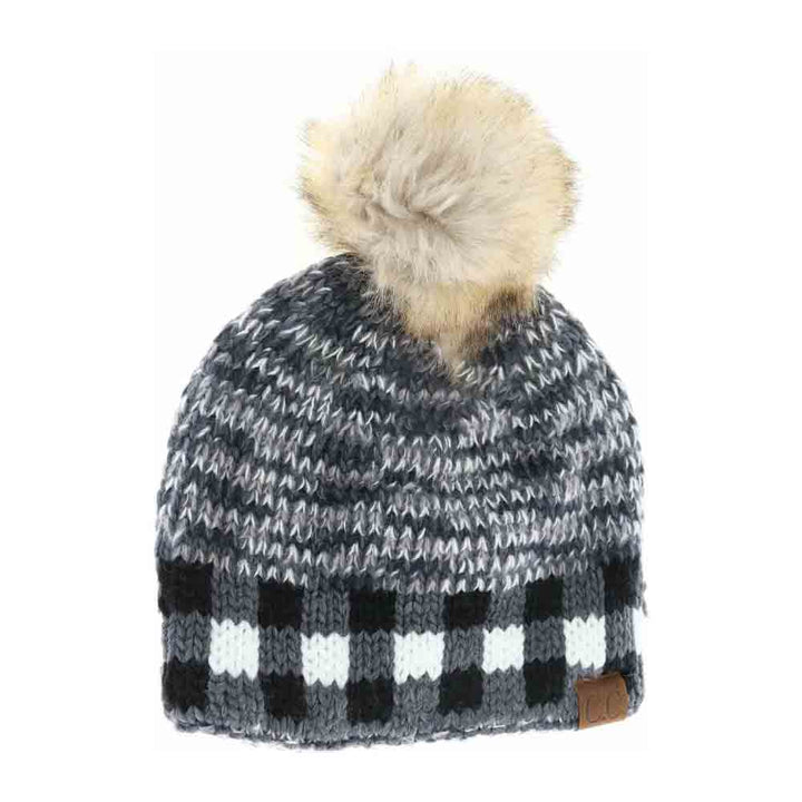 Grey Buffalo Check Mixed Print Fur Pom C.C Beanie combines timeless style with modern detail for superior winter wear. Crafted with a mix of classic buffalo check and complementary prints, this beanie offers visual depth and versatility. The plush faux fur pom adds both warmth and a refined finishing touch. Made with a soft, stretchable knit, it ensures a snug, comfortable fit that effectively shields against chilly conditions. Ideal for those seeking a blend of traditional patterns and contemporary comfort