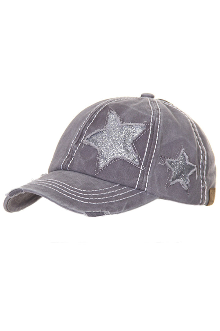 Grey C.C GLITTER STAR BASEBALL PONYCAP is a stylish and functional accessory. Made with high-quality materials, it adds a touch of glitz to your wardrobe. The baseball-style provides sun protection, while the ponytail opening adds convenience. Upgrade your hat collection with this must-have piece.