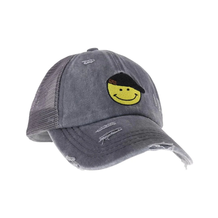 Grey C.C Smiley Face Embroidered Criss Cross High Pony C.C Ball Cap combines practical design with playful style. Featuring an embroidered smiley face and a criss-cross opening at the back, this cap is tailored to comfortably fit high ponytails. Made from durable, breathable fabric, it ensures a secure fit and all-day comfort, making it an excellent choice for active lifestyles or casual wear. This cap offers a smart solution for those who want to keep their hair up without sacrificing style. 