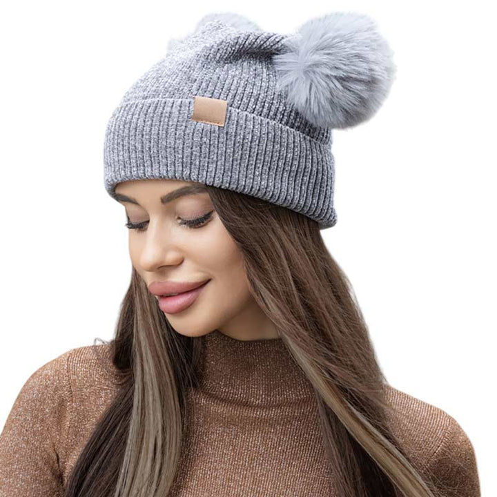 Gray-Pom Pom Pointed Beanie Hat, Crafted with a double pom pom design and a pointed top, this hat adds a touch of fun to your winter wardrobe. Made with high-quality materials, it will keep you cozy and comfortable in cold weather.