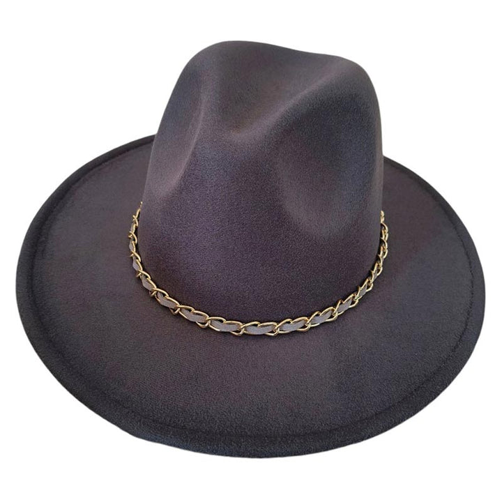 Grey-Faux Leather Braided Chain Band Pointed Fedora Hat offers a sleek and stylish accessory for any outfit. Made with high quality materials, the faux leather and braided chain band add a touch of sophistication to the classic pointed fedora shape. Upgrade your look with this trendy and durable hat.