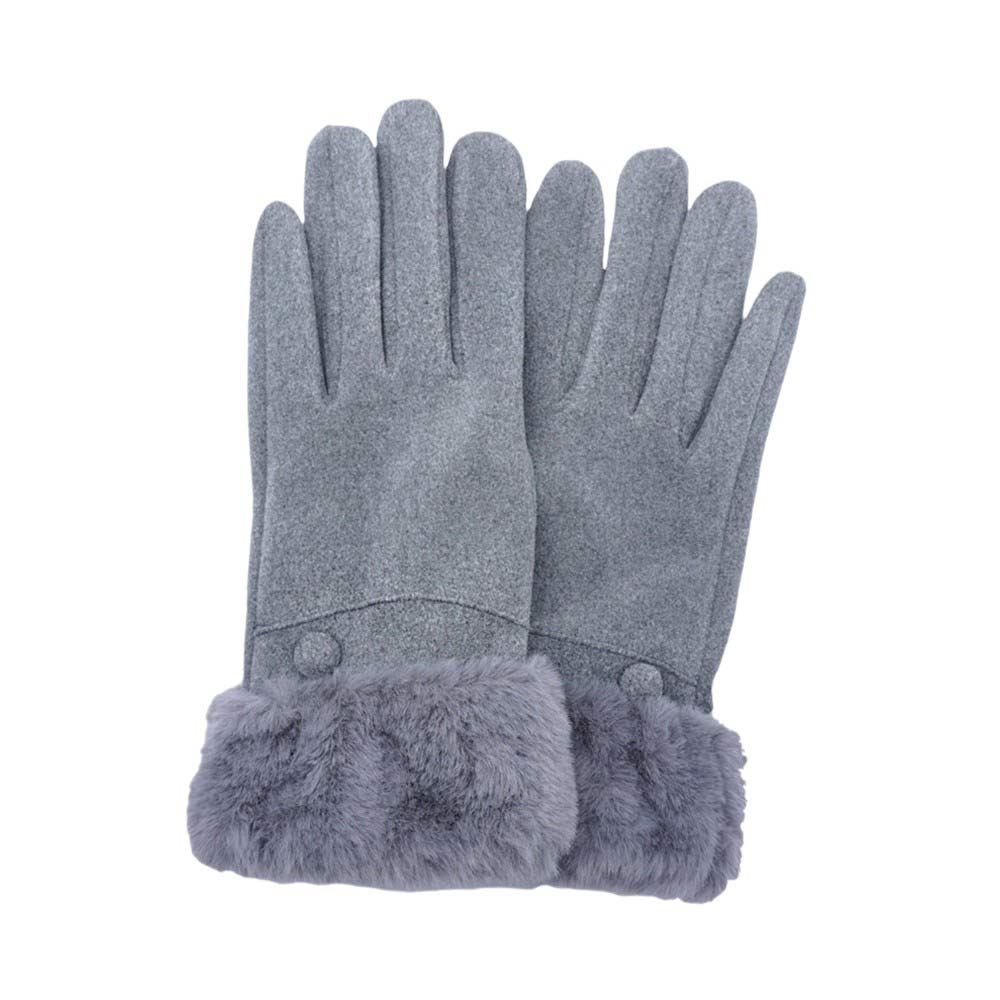 Grey-Fuzzy Fur Collar Faux Suede Smart Touch Gloves adds a touch of luxury and the faux suede material provides a soft and comfortable fit. With smart touch technology, you can easily use your touchscreen devices without having to take off your gloves. Perfect for cold weather and tech-savvy individuals. 