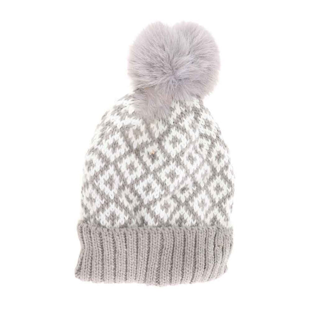 Grey Fuzzy Lined Diamond Patterned Faux Fur Pom C.C Beanie combines sophisticated design with practical warmth. Its soft fuzzy lining enhances insulation, while the diamond pattern adds a refined, textured look. The faux fur pom on top provides a stylish accent, making this beanie suitable for both casual wear and more polished winter ensembles. Engineered for comfort and durability, it offers expert-level quality to keep you cozy throughout the cold season. 