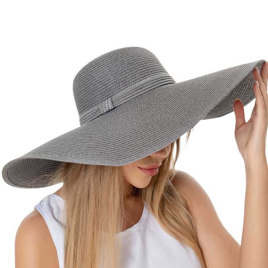 Grey Solid Floppy Straw Sun Hat, Stay stylish and protected from the sun with our sun hats! Made from high-quality straw, this hat is perfect for any sunny day. Its floppy design not only looks fashionable but also provides ample shade for your face and neck. Don't forget to pack this accessory for your next beach trip!