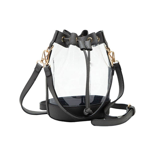 Solid Faux Leather Transparent Bucket Bag - Gray