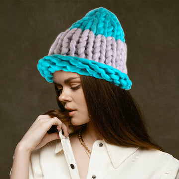 Madeline Love Turquoise Color Block Big Loop Yarn Knit Beanie Hat - Hats