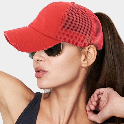 Vintage Mesh Back Ponytail Baseball Cap - Red