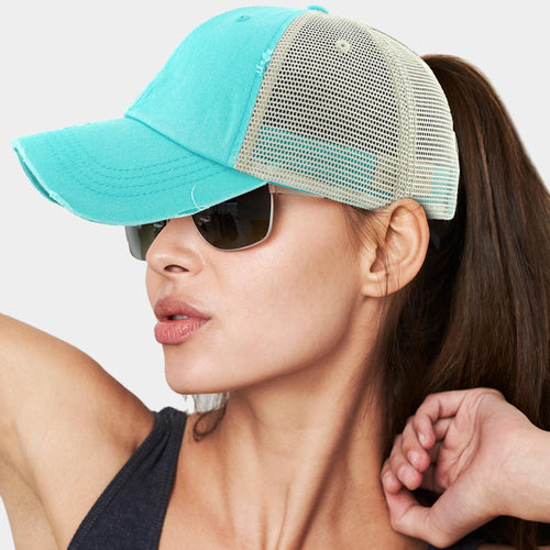 Vintage Mesh Back Ponytail Baseball Cap - Turquoise