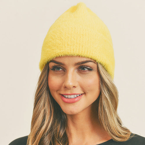 Gorro de lana liso y peludo - Amarillo