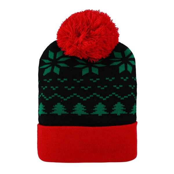 Green Red Snowflake Christmas Tree Pattern Pom Pom Winter Beanie Hat