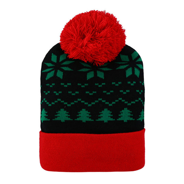 Green Red Snowflake Christmas Tree Pattern Pom Pom Winter Beanie Hat