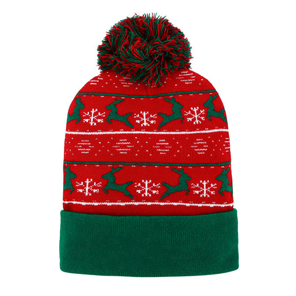 Green Red Reindeer Snowflake Pattern Pom Pom Winter Beanie Hat