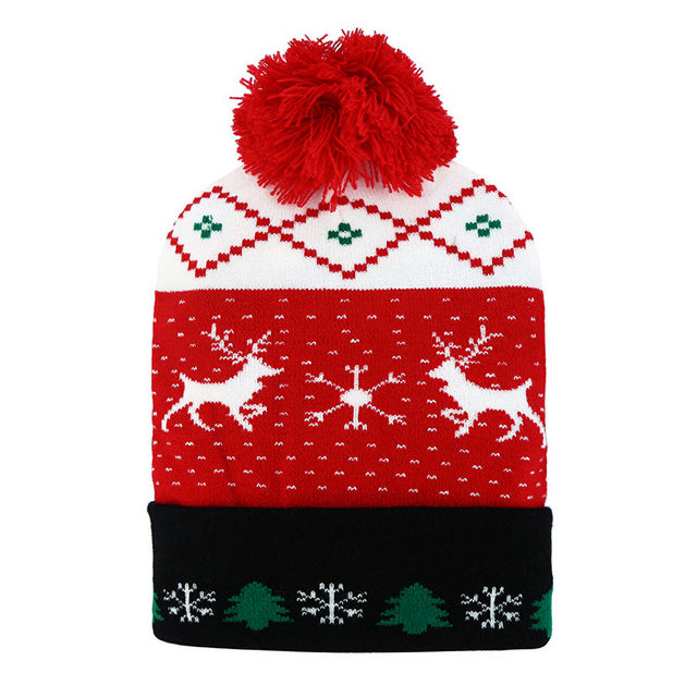 Multi Red Reindeer Snowflake Christmas Tree Pattern Pom Pom Winter Beanie Hat