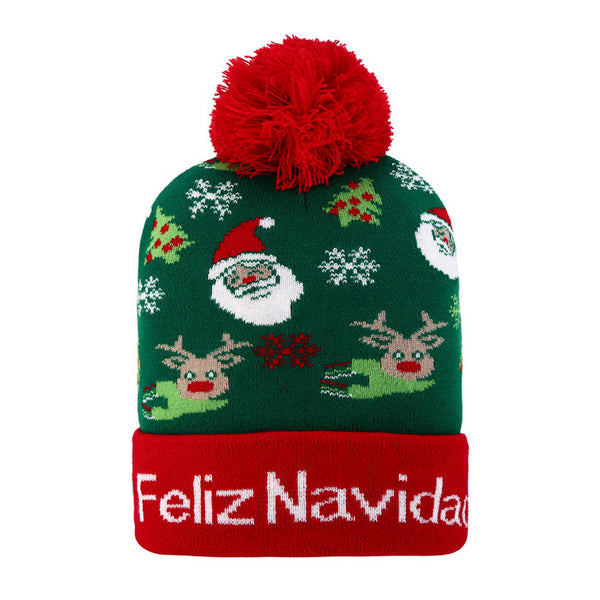 Multi Feliz Navidad Santa Reindeer Snowflake Pattern Pom Pom Winter Beanie Hat