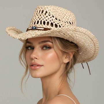 Madeline Love Beige, Brown Boho Western Hamsa Hand Accent Band Breathable Woven Cowboy Fedora Sun Hat - Hats