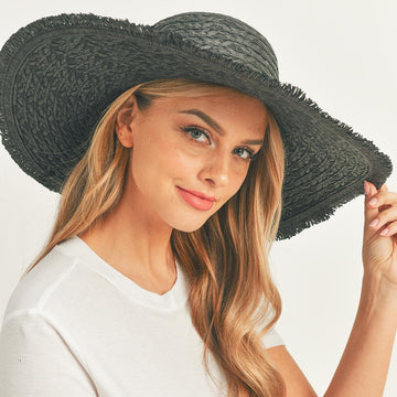 Madeline Love Black Trim Detailed Solid Straw Sun Hat - Hats
