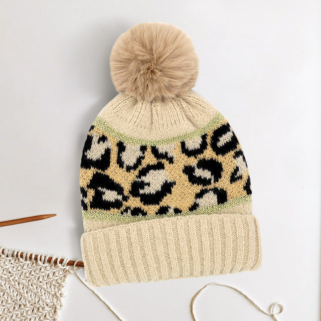 Beige Leopard Patterned Pom Pom Beanie Hat