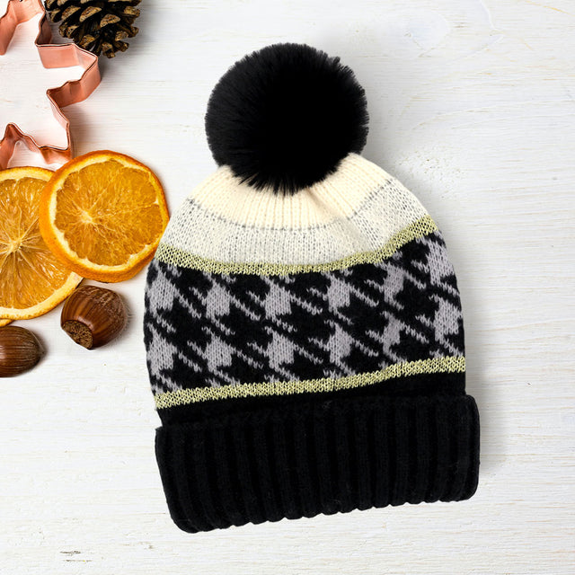 Black Houndstooth Patterned Pom Pom Beanie Hat