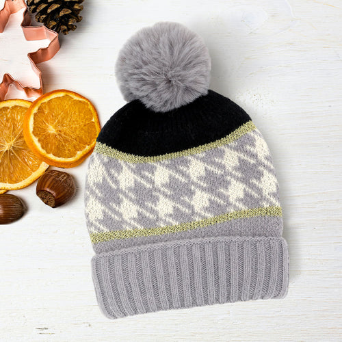 Gorro con pompón y estampado de pata de gallo - Gris