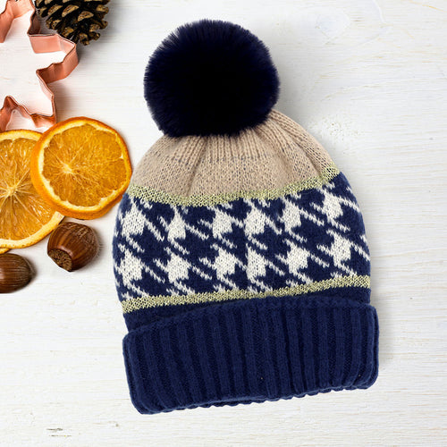 Gorro con pompón y estampado de pata de gallo - Marina de guerra