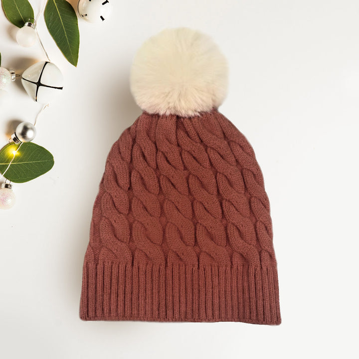 Brown Cable Knit Faux Fur Pom Pom Beanie Hat