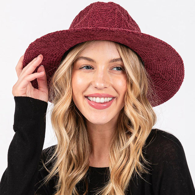 Burgundy Chenille Pattern Fedora Hat with Braided Band
