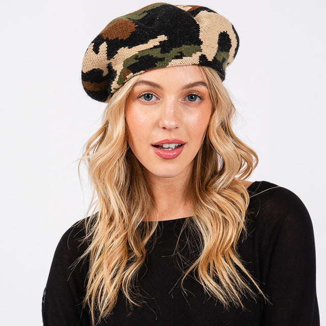 Madeline Love Multi Camo Knit Beret Hat - Hats