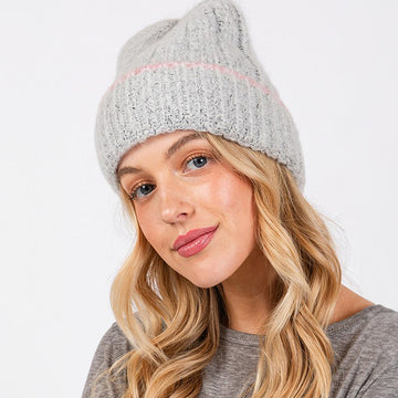 Madeline Love Gray Two Tone Line Detailed Beanie Hat - Hats