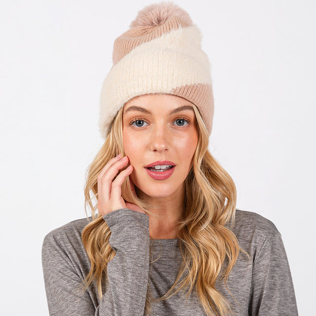 Beige Fuzzy Detailed Fleece Pom Pom Beanie Hat