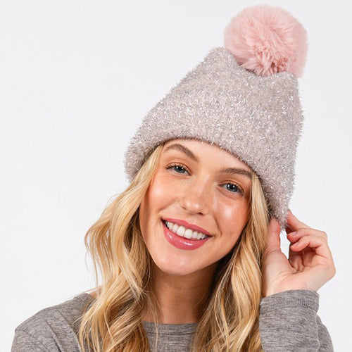 Lurex Mixed Pom Pom Beanie Hat - Green