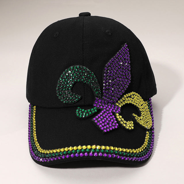 Black Bling Studded Mardi Gras Fleur de Lis Baseball Cap