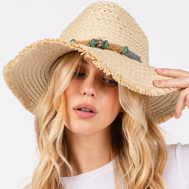 Beige Frayed Straw Sun Hat with Braided Starfish Band