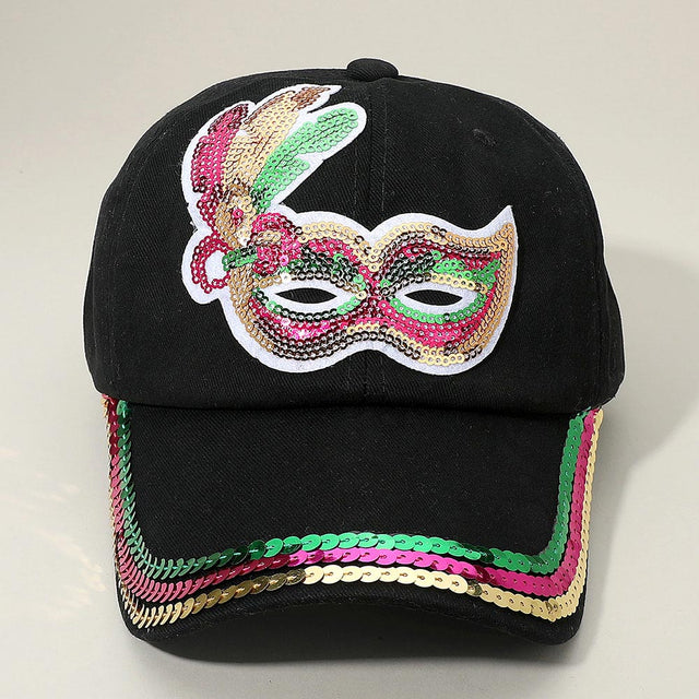Black Sequin Mardi Gras Mask Patch Baseball Cap