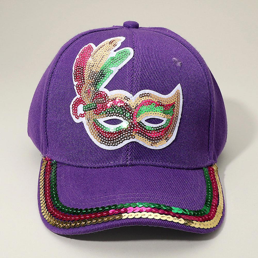 Light Blue Denim Mask Patch Mardi Gras Sequin Brim Baseball Cap Hat Sequin Mardi Gras Mask Patch Baseball Cap – Madeline Love main image 2