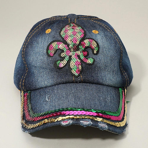 Sequin Mardi Gras Fleur de Lis Patch Baseball Cap - Blue, Dark, Denim