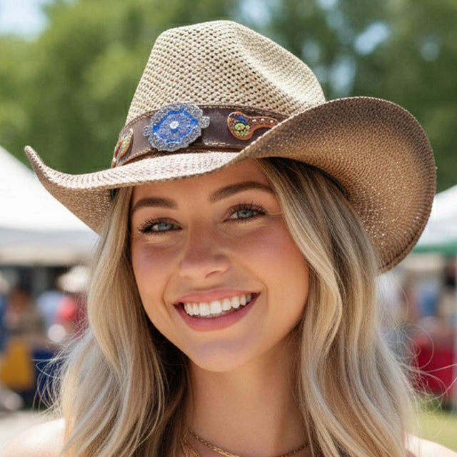 Madeline Love Beige Boho Two Tone Rhinestone Studded Floral Concho Band Western Straw Cowboy Hat - Hats