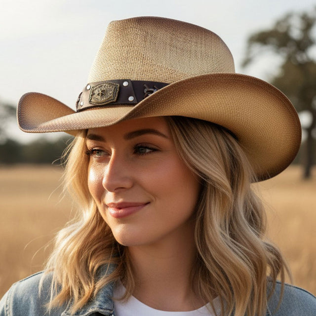Madeline Love Beige Rustic Star Concho Belt Accent Faux Leather Band Western Straw Cowboy Hat - Hats