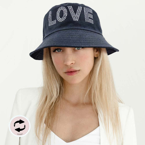 Sombrero de pescador reversible liso con mensaje LOVE - Negro
