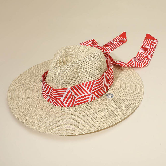 Madeline Love Beige, Red Geometric Pattern Scarf Band Woven Fedora Sun Hat - Hats