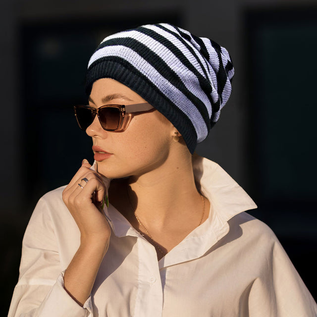 Madeline Love Gray Striped Acrylic Open End Beanie Hat - Hats