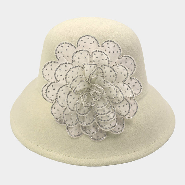 Madeline Love Clear, Ivory Bling Studded Flower Felt Wedding Jazz Church Bucket Hat - Hats