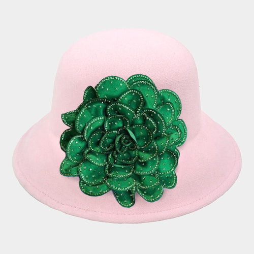 Bling Studded Flower Felt Wedding Jazz Church Bucket Hat - Green, Pink&Green