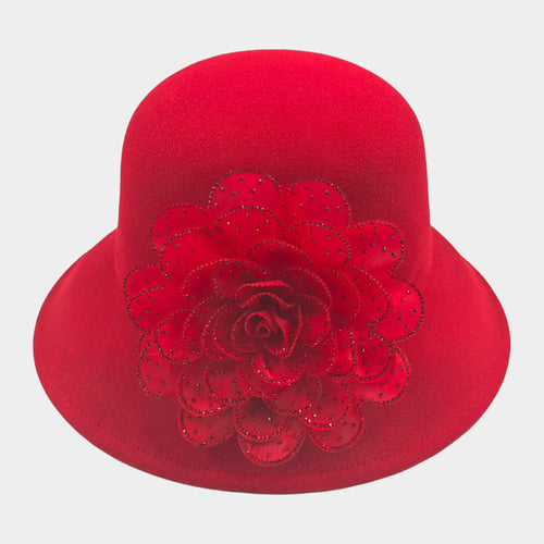 Bling Studded Flower Felt Wedding Jazz Church Bucket Hat - Red