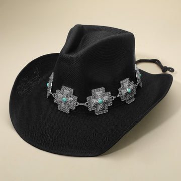 Madeline Love Black Western Turquoise Stone Accent Cross Concho Buckle Band Cowboy Fedora Hat - Hats