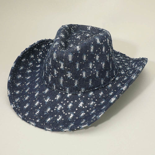 Wide Brim Distressed Sequin Pattern Cowboy Fedora Hat - Blue, Dark, Denim