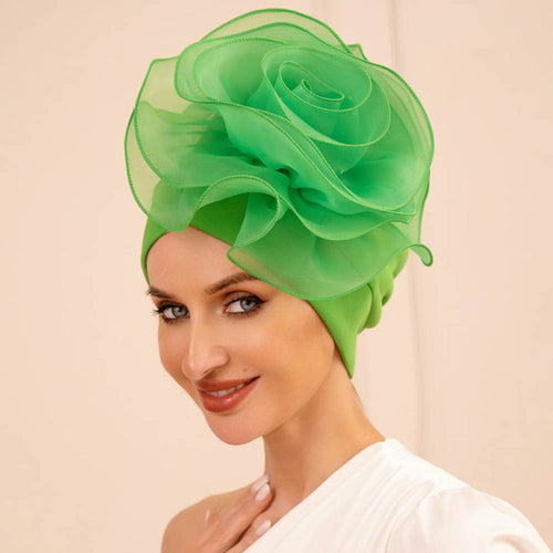 Bold Organza Flower Accent Statement Turban Hair Wrap Accessory - Green